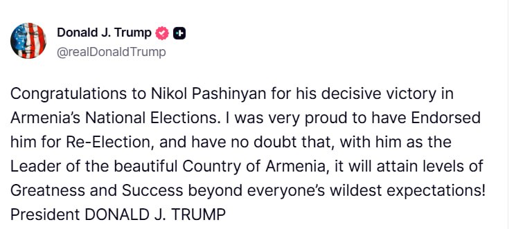 Трамп поздравил Пашиняна с победой на выборах в Армении: что это значит для Ширака